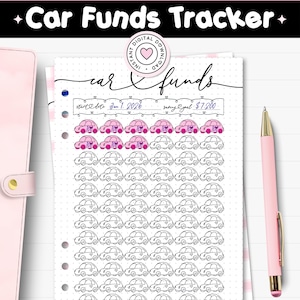 May include: A printable Car Funds Tracker PDF page featuring a grid of small car icons for savings goals. The header reads Car Funds, with fields for start date Jan 1, 2026 and saving goal $7,200. Includes a pink pen and a pink binder cover on the side.