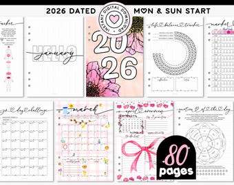 Pacote de Diário Datado de 2026, Planner A5, Páginas de Bullet Journal Prontas, Modelo "Ano em Pixel", Registro Mensal, Rastreador Anual, Autocuidado, Saúde e Produtividade.