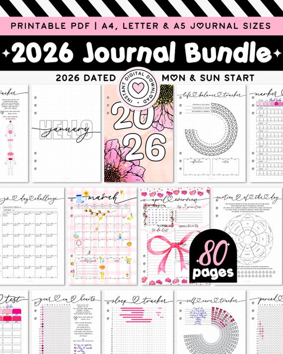 DATED 2026 Journal Bundle A5 Planner Insert Premade Bujo Page Year in Pixel Template Monthly Log Yearly Tracker SelfCare Health Productivity