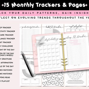 May include: A pink ring binder planner open to a day challenge and sleep tracker page, surrounded by various printable tracker sheets. Text includes 15 Monthly Trackers & Pages, Track Your Daily Patterns, Gain Insights, Reflect On Evolving Trends Throughout The Year, and a list of trackers like Sleep, Productivity, Self-Care, Habit, and Gratitude.