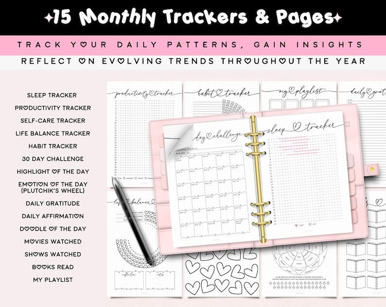 May include: A pink ring binder planner open to a day challenge and sleep tracker page, surrounded by various printable tracker sheets. Text includes 15 Monthly Trackers & Pages, Track Your Daily Patterns, Gain Insights, Reflect On Evolving Trends Throughout The Year, and a list of trackers like Sleep, Productivity, Self-Care, Habit, and Gratitude.