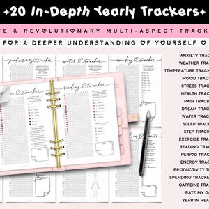 May include: A light pink six-ring binder open to pages titled Reading Tracker and Love Tracker, featuring grid layouts and heart icons. The text includes 20 In-Depth Yearly Trackers, Cute & Revolutionary Multi-Aspect Tracking, and a list of trackers.