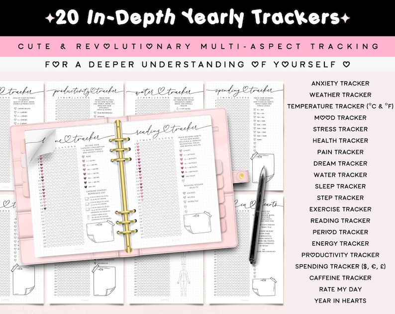 May include: A light pink six-ring binder open to pages titled Reading Tracker and Love Tracker, featuring grid layouts and heart icons. The text includes 20 In-Depth Yearly Trackers, Cute & Revolutionary Multi-Aspect Tracking, and a list of trackers.