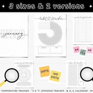 May include: A digital planner set featuring black and white printable pages with text including January, Habit Tracker, Productivity Tracker, Emotion of the Day, and Sleep Tracker. Includes A4, Letter, and A5 size labels, plus dots and no dots options.