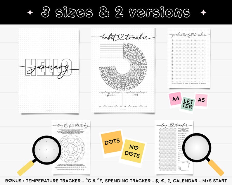 May include: A digital planner set featuring black and white printable pages with text including January, Habit Tracker, Productivity Tracker, Emotion of the Day, and Sleep Tracker. Includes A4, Letter, and A5 size labels, plus dots and no dots options.