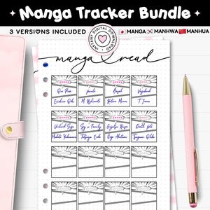 May include: A printable Manga Tracker Bundle PDF featuring a dot grid layout with sections for manga titles, authors, and star ratings. The header reads Manga Tracker Bundle and manga read. Includes a pink planner cover and a pink pen on the side.