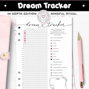 Dziennik do śledzenia snów do druku, wkładka do planera A5, roczna analiza snów, śledzenie podświadomych wzorców, strona do porannego dziennika przy łóżku