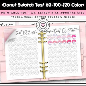 Marker staal test afdrukbaar Bullet Journal pagina A4 en A5 blanco kleurenkaartsjabloon 60 100 120 kleurenschaduw set donut schattig gezellig kleurplaat pdf