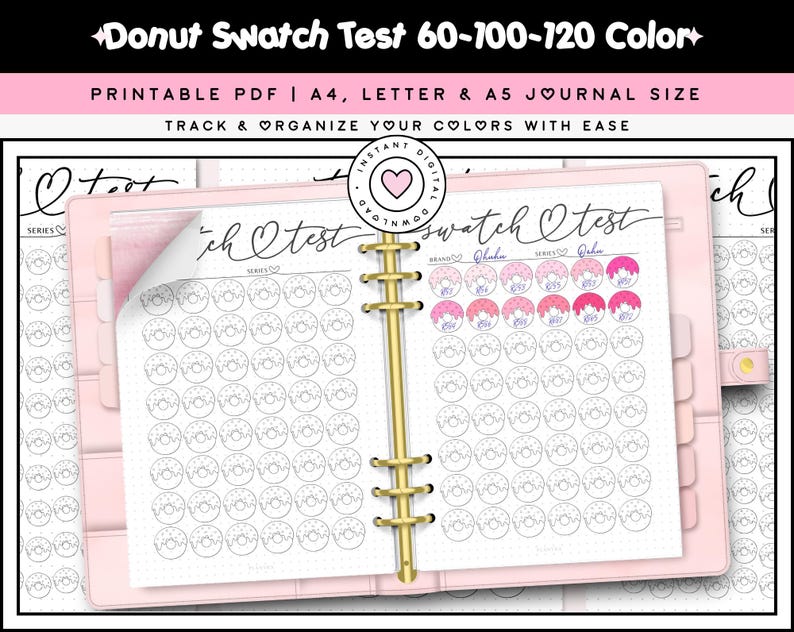 May include: A printable donut swatch test sheet for organising paint colours. The sheet has 60, 100, and 120 donut-shaped spaces for colour swatches. The sheet is designed for A4, Letter, and A5 journal sizes.