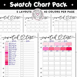 Peut inclure: Un pack de tableaux d'échantillons PDF imprimables avec 5 mises en page et 40 couleurs par page. Le design comprend le texte "Swatch Chart Pack" et "Téléchargement numérique instantané". La palette de couleurs comprend des nuances de rose.