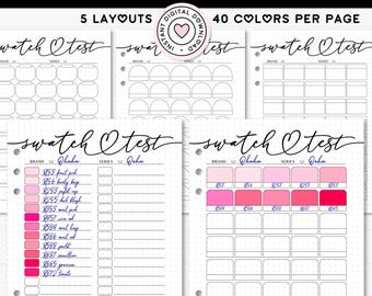 Pagina di prova stampabile per campioni di pennarelli per diario A4 e A5, modello di tabella dei colori vuota, tavolozza di 40 sfumature di colore, tracker di campioni da colorare per adulti