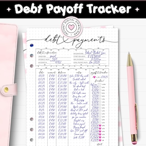 May include: A printable debt payoff tracker PDF page with sections for debt information, payment dates, amounts, balances, notes, and a visual payoff tracker. The document features black text on a white dotted background with a pink pen and binder.