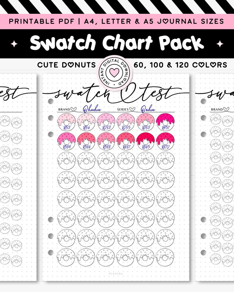 Marker Swatch Test Printable Journal Page A4 & A5 Blank Color Chart Template 60 100 120 Colour Shade Set Tracker Donut Adult Cozy Coloring image 1