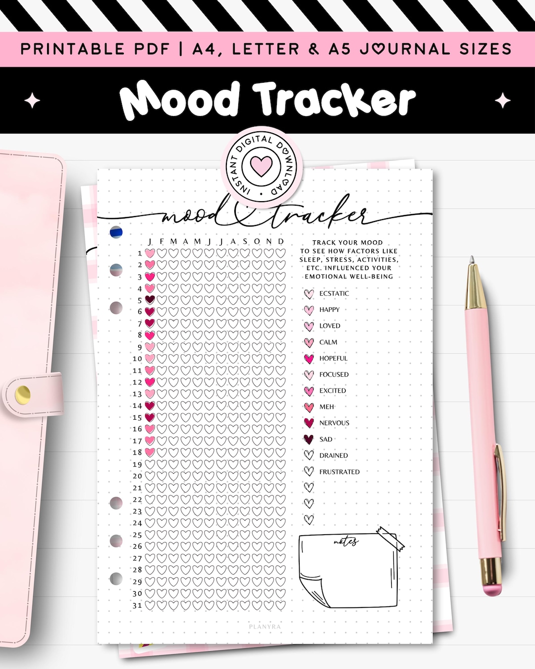Mood Tracker Printable Journal A5 Planner Insert Year in Pixels ...