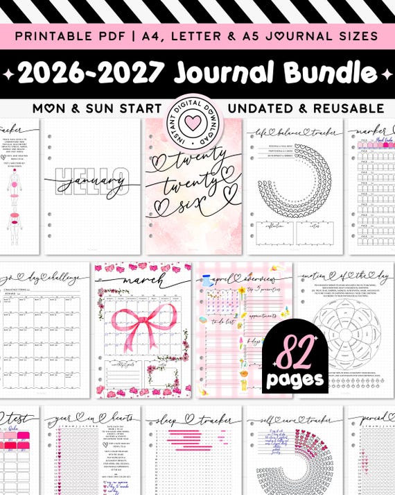 UNDATED 2026-2027 Journal Bundle A5 Planner Insert Premade Bujo Template Printable Monthly Log Yearly Trackers Self Care Productivity Health