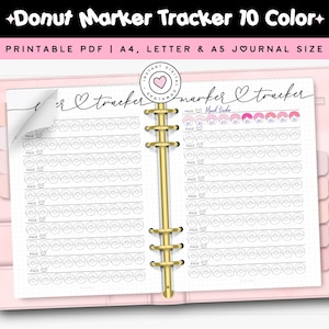 Markertracker afdrukbare Bullet Journal-pagina, plannersjabloon A4 A5 blanco kleursleutel staaltest, kleurenkaart bijhouden donut, referentieblad