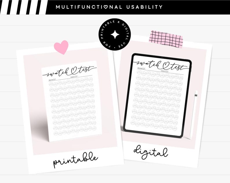 May include: Printable and digital swatch test sheet with a heart symbol and the text "swatch test" in a handwritten font. The sheet is divided into small circles for testing colours or products.