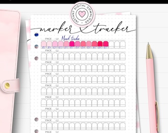 Caderno de anotações com marcador de página imprimível nos tamanhos A4 e A5, modelo em branco com legenda de cores, teste de amostras de caneta em gel, tabela de cores para lápis e folha de referência.