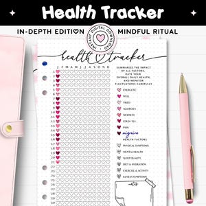 Peut inclure: Un journal de suivi de la santé imprimable aux formats A4, Lettre et A5. Le design présente une palette de couleurs rose et blanche avec une mise en page détaillée pour suivre les facteurs de santé, les symptômes et le bien-être quotidien. Inclut le texte "Health Tracker".