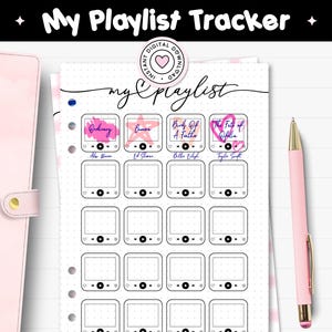 May include: A printable PDF playlist tracker with the text "My Playlist Tracker." The design includes a pink pen, a pink planner, and a white sheet with a grid of music player icons. The sheet has the text "my playlist" and song titles.