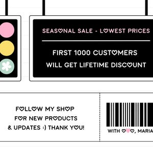 May include: A graphic featuring a traffic light with pink, yellow, and white flower icons, and a black sign reading SEASONAL SALE - LOWEST PRICES. FIRST 1000 CUSTOMERS WILL GET LIFETIME DISCOUNT. Below is a ticket with a barcode and text FOLLOW MY SHOP.