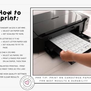 May include: A black inkjet printer feeding a white sheet of paper with printed outlines of small rectangular labels. The image includes text instructions for printing on A4, US Letter, and A5 paper sizes, along with a pro tip for using cardstock.