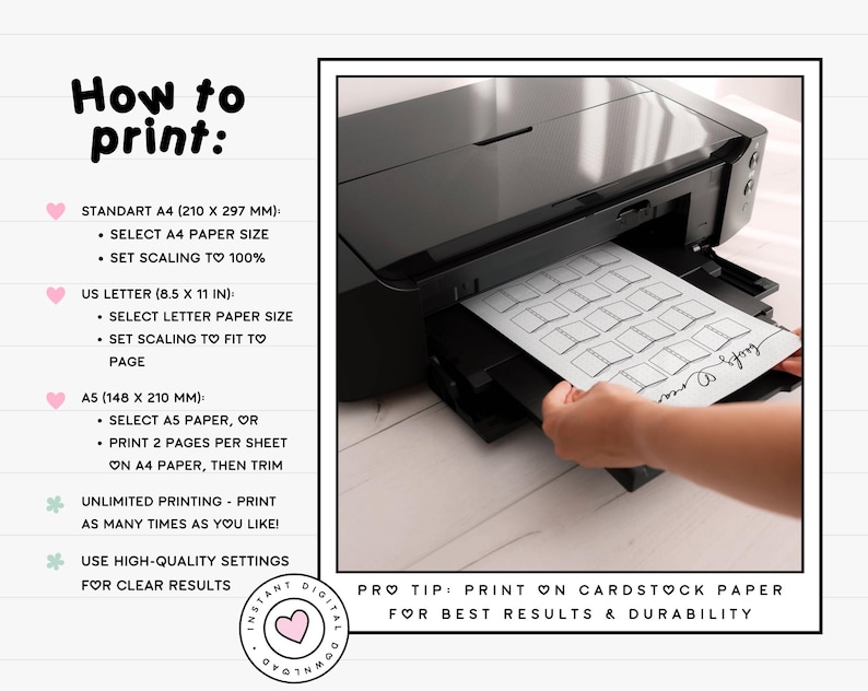 May include: A black inkjet printer feeding a white sheet of paper with printed outlines of small rectangular labels. The image includes text instructions for printing on A4, US Letter, and A5 paper sizes, along with a pro tip for using cardstock.