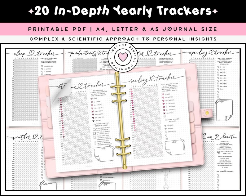 Yearly Tracker Bundle Printable Journal Premade Page Year in Pixels ...
