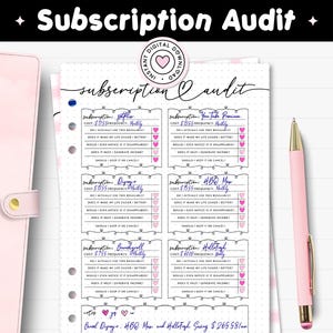 May include: A printable subscription audit journal page with a white dotted background, black text, and pink heart icons. The document features sections to track subscription names, costs, and frequencies, with checkboxes for evaluation and a notes area.