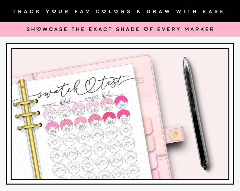 May include: A pink and white planner with a gold binder ring. The planner has a page with a donut-shaped swatch chart for tracking colours. The page is labelled "swatch test" and "Ohubu" with a heart symbol.