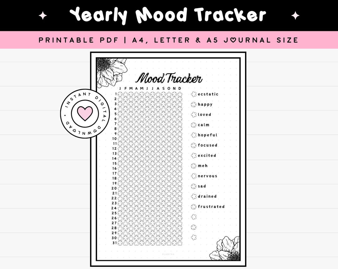 Mood Tracker Printable Page for Bullet Journal Year in Pixels A4 & A5 ...