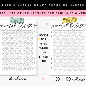 May include: Two printable colour tracking sheets with donut-shaped swatches. The sheet on the left has 60 swatches and the sheet on the right has 100 to 120 swatches. Both sheets have the text "swatch Otest" at the top.