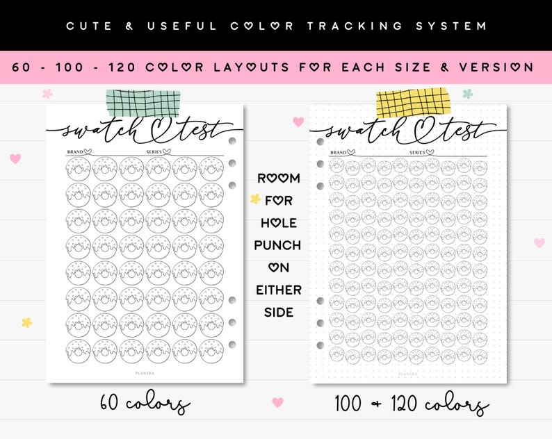 May include: Two printable colour tracking sheets with donut-shaped swatches. The sheet on the left has 60 swatches and the sheet on the right has 100 to 120 swatches. Both sheets have the text "swatch Otest" at the top.