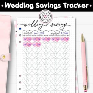 May include: A printable wedding savings tracker page with a dot grid background. The header reads Wedding Savings Tracker and wedding savings. It includes fields for start date Jan 1, 2026 and saving goal $22,000, with rows of heart icons for tracking.