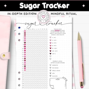 May include: A printable PDF sugar tracker with a pink and black design. The tracker includes a calendar layout with heart-shaped boxes for daily tracking. The text includes "Sugar Tracker", "In-Depth Edition", and "Mindful Ritual". A pink pen rests on the right.