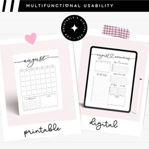 May include: A printable and digital August planner set featuring a monthly calendar page with a goals section and an August overview page with sections for top priorities, to-do lists, appointments, and notes, all presented in a clean black and white design.