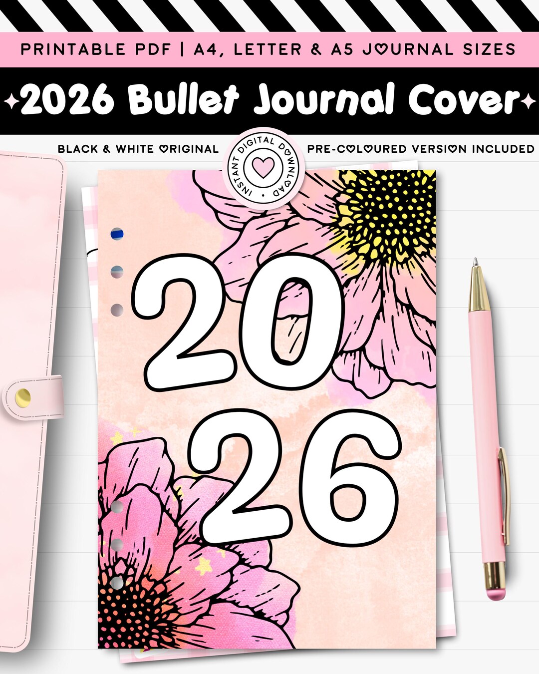 2026 Cover for Printable Journal, A4 A5 Planner Title Page, Floral Bujo ...