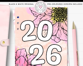 Capa para Diário Imprimível 2026, Página de Título para Planejador A4 A5, Capa Floral para Bullet Journal, Inserção Minimalista e Fofa em PDF, Desenho para Colorir para Adultos