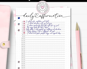 Diário de Afirmações Diárias Imprimível, Planilha A5, Registro Mensal de Citações Positivas, Lista de Mantras para Dinheiro, Lei da Atração e Manifestação, Registro da Mentalidade Positiva, Lista de Mantras, Lei da Atração e Manifestação
