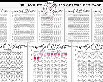 Teste de amostra de marcador para impressão, modelo de gráfico de cores de marcador de álcool, paleta de cores em branco A4 A5, conjunto de amostras de 120 tons, fofo, kawaii, aconchegante, para colorir