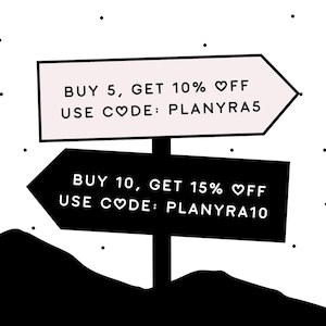 May include: A black and white signpost with two signs. The top sign is pink and says "BUY 5, GET 10% OFF USE CODE: PLANYRA5". The bottom sign is black and says "BUY 10, GET 15% OFF USE CODE: PLANYRA10".