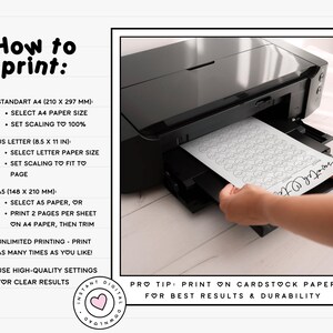 May include: Instructions on how to print a printable design. The instructions include paper size recommendations, scaling tips, and a pro tip to print on cardstock paper for best results and durability.