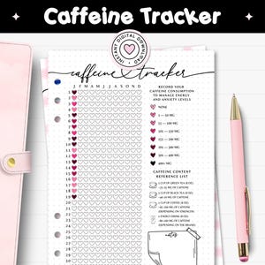 カフェイントラッカー印刷可能なジャーナルページA5プランナー挿入物毎日のカフェイン摂取量ログコーヒー＆紅茶チャートエナジードリンク消費プレワークアウト