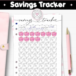 May include: A printable savings tracker PDF page featuring a grid of piggy bank icons. The header reads Savings Tracker, with fields for saving for, start date, goal date, and saving goal. Some piggy banks are colored pink with the number 25 inside.