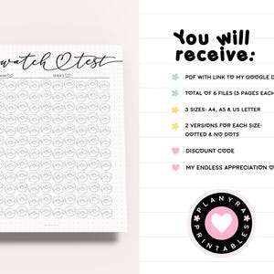 May include: A printable swatch test sheet featuring a donut design. The sheet is titled "swatch test" with a heart symbol. It is divided into sections for "brand" and "series".