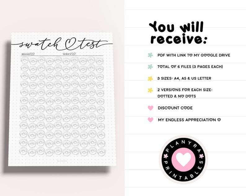 May include: A printable swatch test sheet featuring a donut design. The sheet is titled "swatch test" with a heart symbol. It is divided into sections for "brand" and "series".