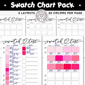 May include: A printable A4, Letter & A5 journal size swatch chart pack. The design features 5 layouts and 20 colours per page. The text "Swatch Chart Pack" is displayed. The chart is designed for testing and organizing colours, with pink and white elements.