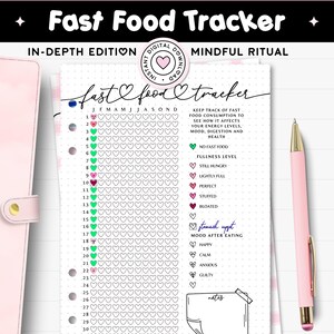 May include: A printable fast food tracker journal with a pink pen. The journal includes sections for tracking fast food consumption, fullness levels, and mood. The text on the journal reads "Fast Food Tracker" and "In-Depth Edition."
