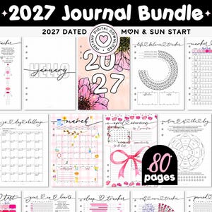 May include: A 2027 journal bundle digital download featuring 80 pages in A4, Letter, and A5 sizes. The printable PDF includes dated monthly calendars, trackers for sleep, self-care, and life balance, plus habit trackers with pink and black accents.