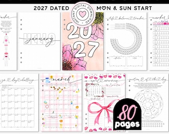 Pack Journal 2027 à Imprimer - Agenda A5 Daté - Page Pré-remplie - Modèle Année en Pixel - Suivi Mensuel et Annuel - Budget Santé et Bien-être